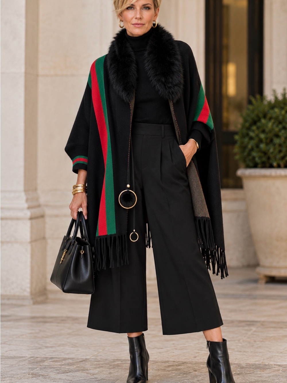 Black Fringe Trim Wool Cape with Red & Green Stripes